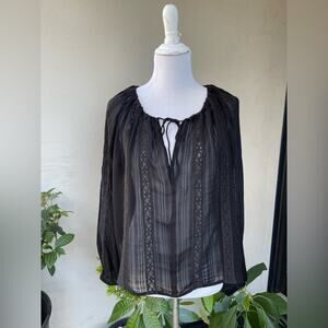 🌿 NWT Mango Semi-Sheer Rustic Boho Blouse with Lace Detail and Ties in Black